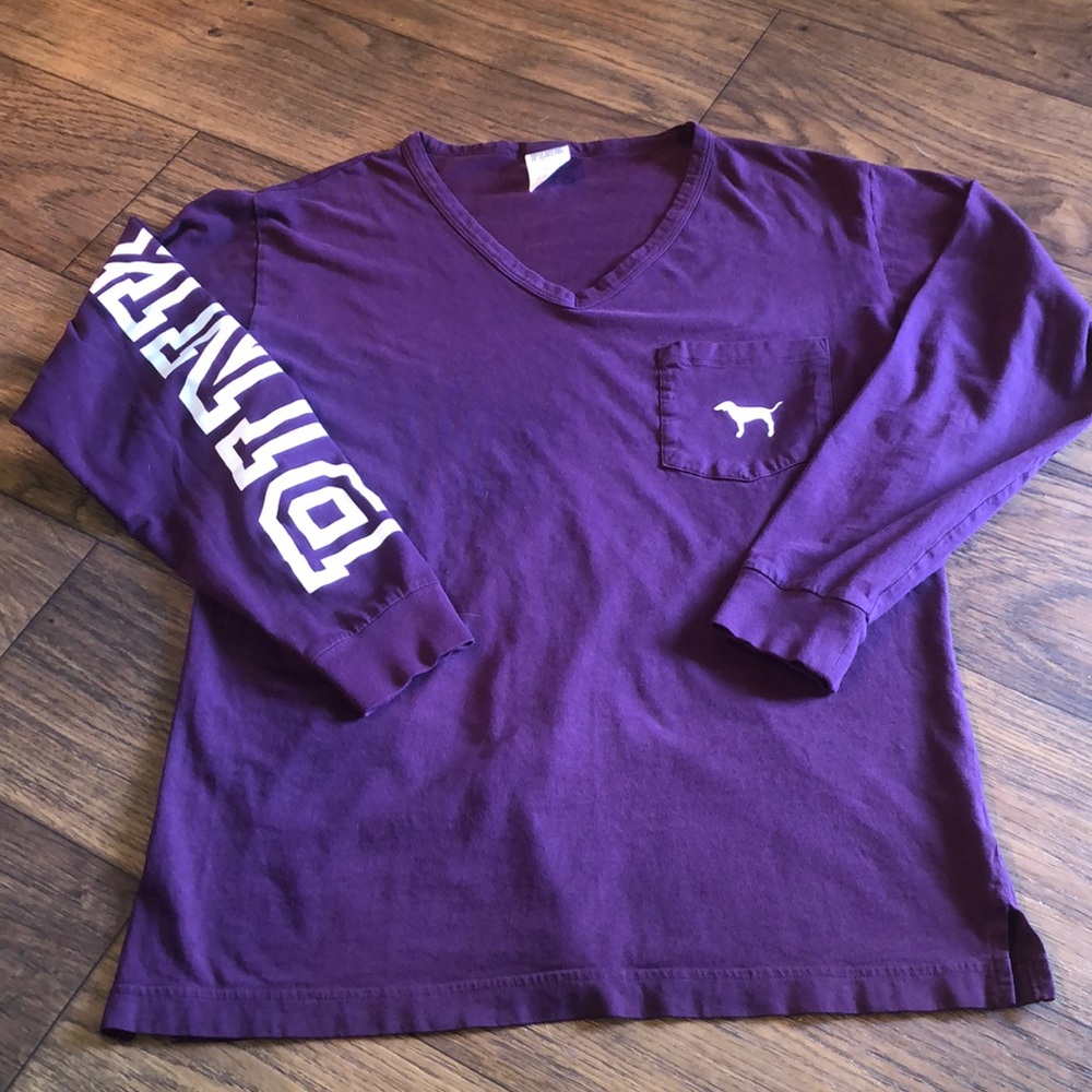 PINK Purple V-Neck Logo Long Sleeve Shirt - Picture 2 of 5